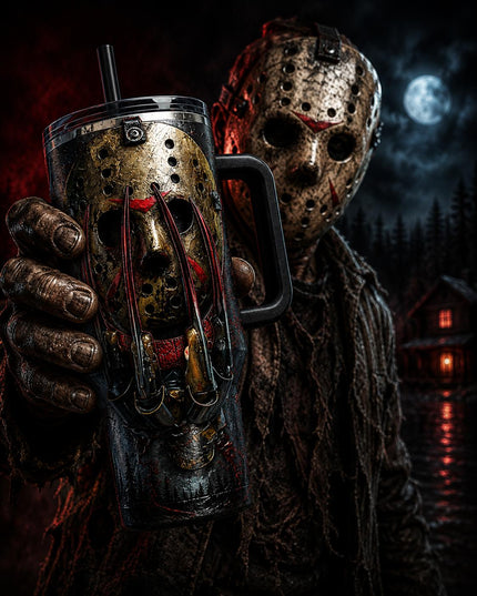 Jason Voorhees x Freddy Krueger Horror Premium 40oz Stainless Steel Tumbler with Handle & Straw, Friday The 13th Horror Movie Insulated Travel Cup, Halloween Scary Tumbler, Horror Fan Gift