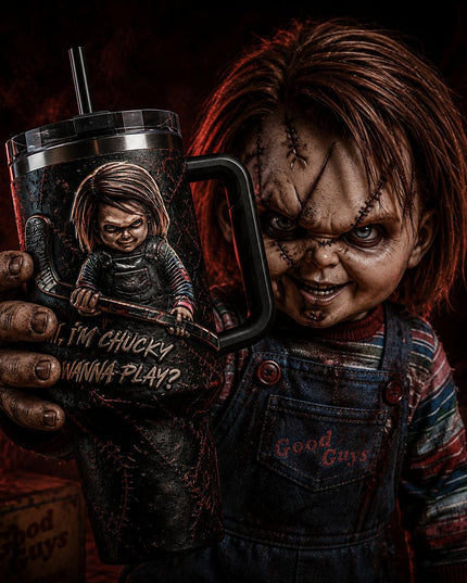 Chucky Child's Play #3 Horror Premium 40oz Stainless Steel Tumbler with Handle & Straw, Child's Play Horror Movie Insulated Travel Cup, Halloween Scary Tumbler, Horror Fan Gift