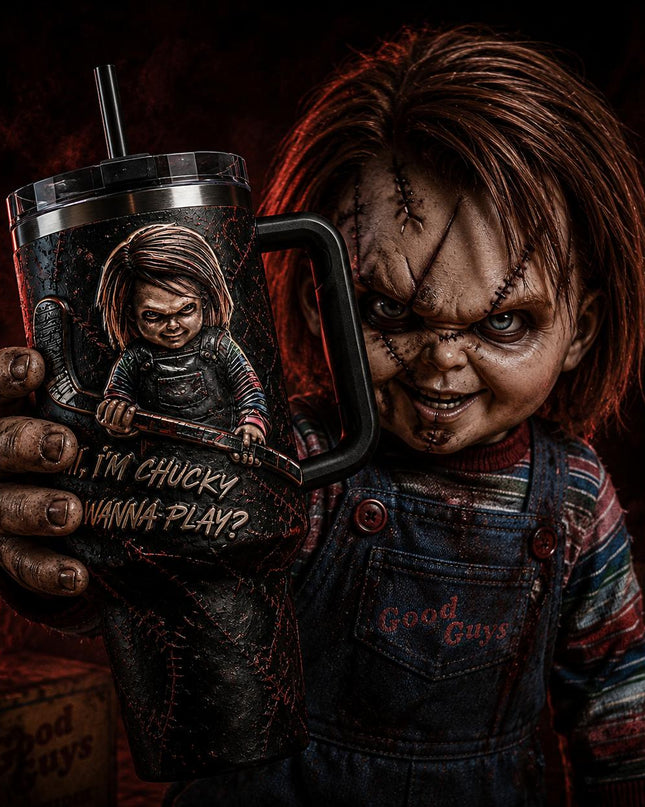 Chucky Child's Play #3 Horror Premium 40oz Stainless Steel Tumbler with Handle & Straw, Child's Play Horror Movie Insulated Travel Cup, Halloween Scary Tumbler, Horror Fan Gift