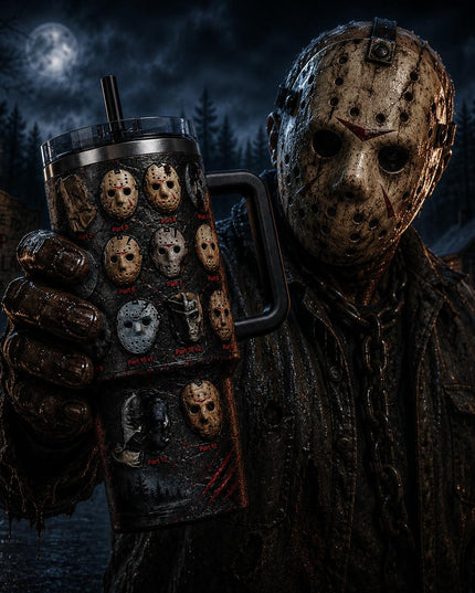 Jason Voorhees All Mask Horror Premium 40oz Stainless Steel Tumbler with Handle & Straw, Friday The 13th Horror Movie Insulated Travel Cup, Halloween Scary Tumbler, Horror Fan Gift
