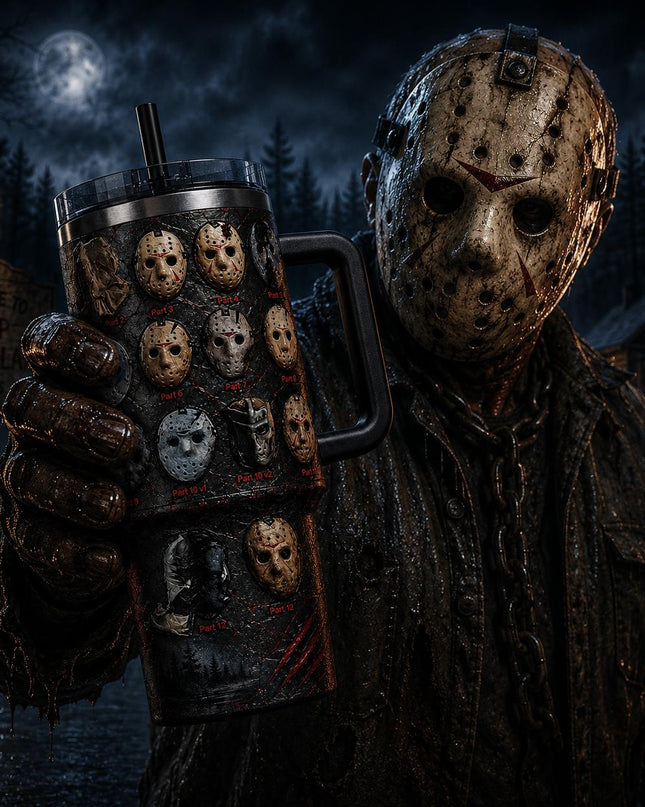 Jason Voorhees All Mask Horror Premium 40oz Stainless Steel Tumbler with Handle & Straw, Friday The 13th Horror Movie Insulated Travel Cup, Halloween Scary Tumbler, Horror Fan Gift