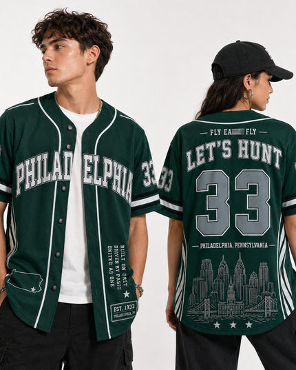 Philly Football 'Let's Hunt 33EST' Premium Baseball Jersey (Made in US), High quality Fabric Breathable Philadelphia Football Fan Apparel, Game Day Outfit For Men Women, Gift For Husband, Boyfriend