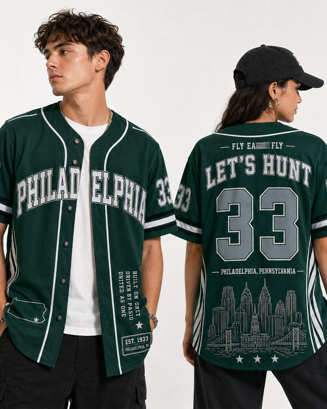 Philly Football 'Let's Hunt 33EST' Premium Baseball Jersey (Made in US), High quality Fabric Breathable Philadelphia Football Fan Apparel, Game Day Outfit For Men Women, Gift For Husband, Boyfriend