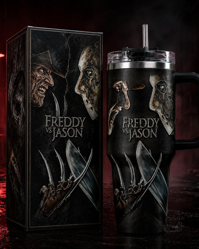 Jason Voorhees x Freddy Krueger #3 Horror Premium 40oz Stainless Steel Tumbler with Handle & Straw, Friday The 13th Horror Movie Insulated Travel Cup, Halloween Scary Tumbler, Horror Fan Gift