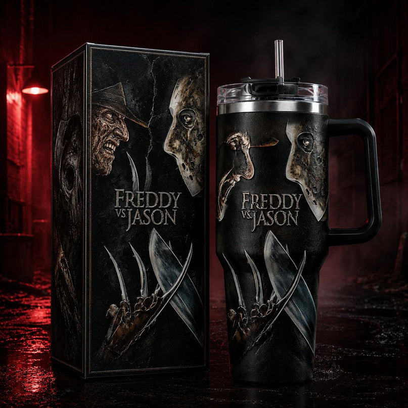 Jason Voorhees x Freddy Krueger #3 Horror Premium 40oz Stainless Steel Tumbler with Handle & Straw, Friday The 13th Horror Movie Insulated Travel Cup, Halloween Scary Tumbler, Horror Fan Gift