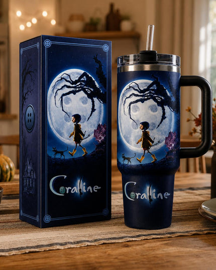 Coraline Premium 40oz Tumbler with Handle & Straw, Coraline 2009–2026 Anniversary Insulated Travel Cup, Spooky Halloween Tumbler, Personalized Name Gift for Coraline Fans