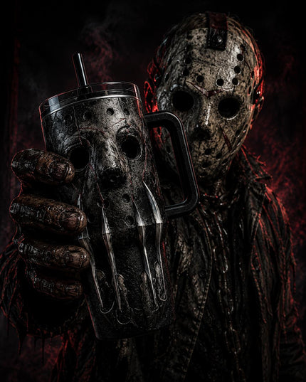 Jason Voorhees x Freddy Krueger Horror Premium 40oz Stainless Steel Tumbler with Handle & Straw, Friday The 13th Horror Movie Insulated Travel Cup, Halloween Scary Tumbler, Horror Fan Gift
