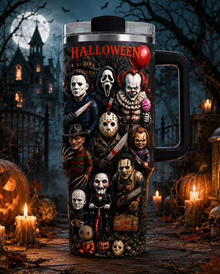 Scary Movie Characters Halloween Premium 40oz Stainless Steel Tumbler with Handle & Straw, Friday The 13th Horror Movie Insulated Travel Cup, Halloween Scary Tumbler, Spooky Gift for Horror Fans