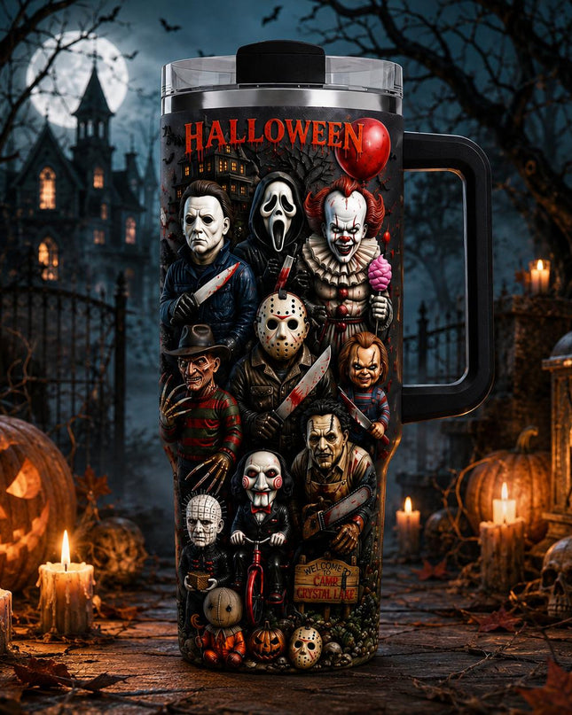 Scary Movie Characters Halloween Premium 40oz Stainless Steel Tumbler with Handle & Straw, Friday The 13th Horror Movie Insulated Travel Cup, Halloween Scary Tumbler, Spooky Gift for Horror Fans