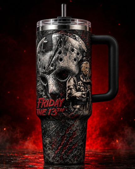 Jason Voorhees Friday The 13th Horror Movie Premium 40oz Stainless Steel Tumbler with Handle & Straw, Friday The 13th Horror Movie Insulated Travel Cup, Halloween Scary Tumbler, Horror Fan Gift
