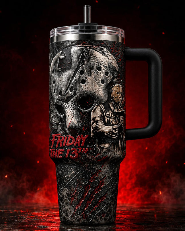 Jason Voorhees Friday The 13th Horror Movie Premium 40oz Stainless Steel Tumbler with Handle & Straw, Friday The 13th Horror Movie Insulated Travel Cup, Halloween Scary Tumbler, Horror Fan Gift