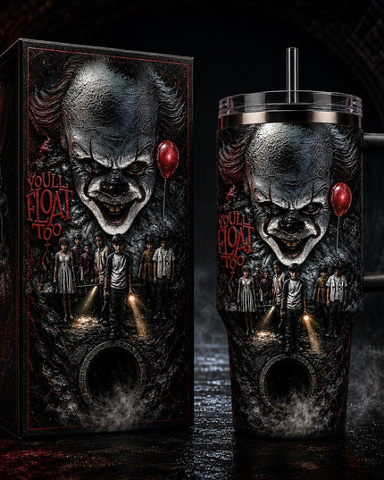 Pennywise - IT Horror Movie Premium 40oz Stainless Steel Tumbler with Handle & Straw, IT Horror Movie Insulated Travel Cup, Halloween Scary Tumbler, Horror Fan Gift