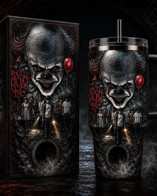 Pennywise - IT Horror Movie Premium 40oz Stainless Steel Tumbler with Handle & Straw, IT Horror Movie Insulated Travel Cup, Halloween Scary Tumbler, Horror Fan Gift