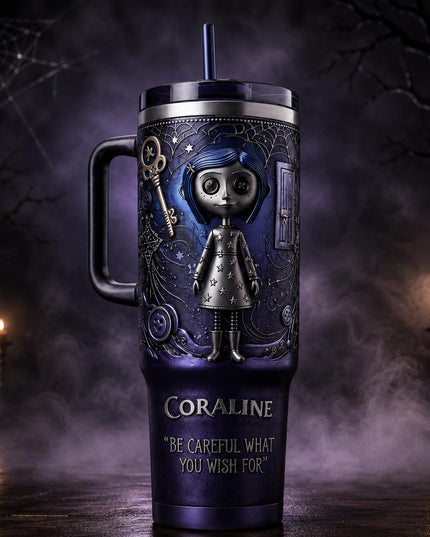 Coraline 2009–2026 Anniversary 40oz Tumbler with Handle & Straw, 2009–2026 Anniversary Insulated Travel Cup, Spooky Halloween Tumbler, Personalized Name Gift for Coraline Fans