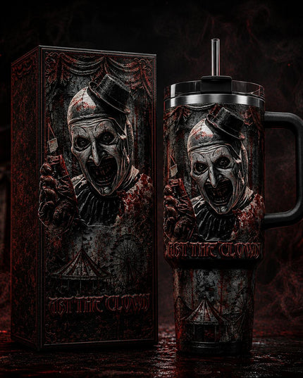 Art the Clown Terrifier Horror Premium 40oz Stainless Steel Tumbler with Handle & Straw, Terrifier Horror Movie Insulated Travel Cup, Halloween Scary Tumbler, Horror Fan Gift