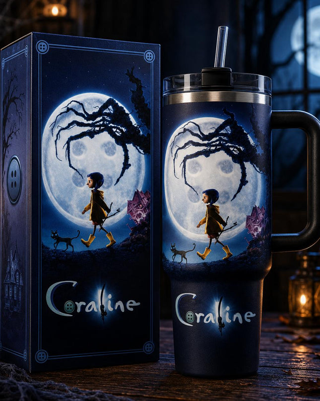 Coraline Premium 40oz Tumbler with Handle & Straw, Coraline 2009–2026 Anniversary Insulated Travel Cup, Spooky Halloween Tumbler, Personalized Name Gift for Coraline Fans