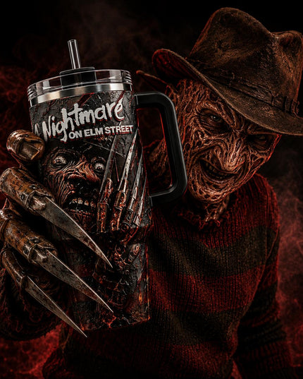 Freddy Krueger Horror Premium 40oz Stainless Steel Tumbler with Handle & Straw, A Nightmare On Elm Street Horror Movie Insulated Travel Cup, Halloween Scary Tumbler, Horror Fan Gift