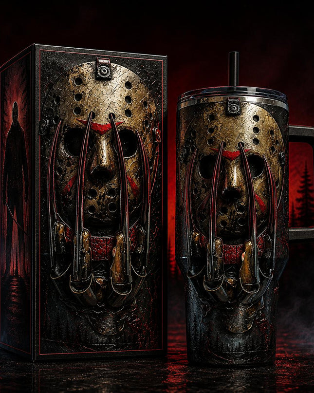 Jason Voorhees x Freddy Krueger Horror Premium 40oz Stainless Steel Tumbler with Handle & Straw, Friday The 13th Horror Movie Insulated Travel Cup, Halloween Scary Tumbler, Horror Fan Gift