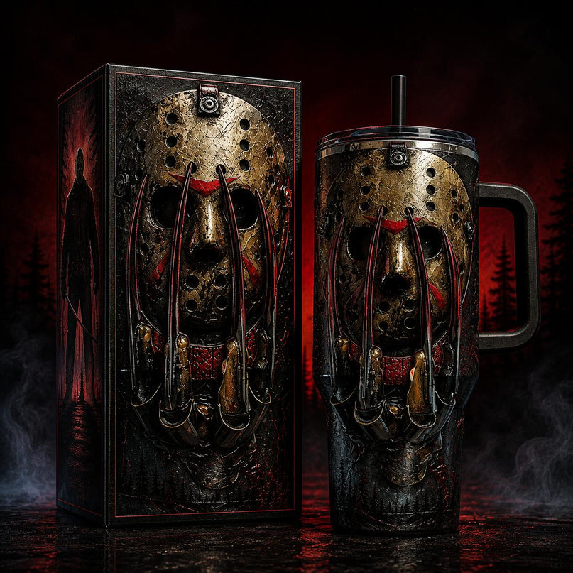 Jason Voorhees x Freddy Krueger Horror Premium 40oz Stainless Steel Tumbler with Handle & Straw, Friday The 13th Horror Movie Insulated Travel Cup, Halloween Scary Tumbler, Horror Fan Gift