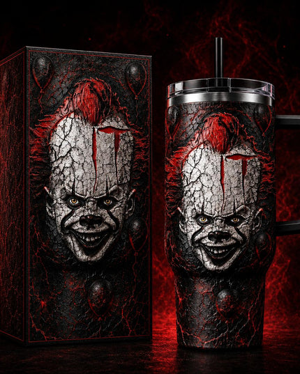 Pennywise - IT Horror Movie #2 Premium 40oz Stainless Steel Tumbler with Handle & Straw, IT Horror Movie Insulated Travel Cup, Halloween Scary Tumbler, Horror Fan Gift