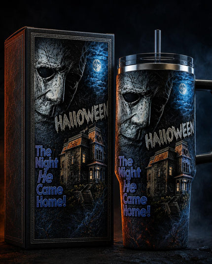 Michael Myers Halloween Horror Premium 40oz Stainless Steel Tumbler with Handle & Straw, Halloween Horror Movie Insulated Travel Cup, Halloween Scary Tumbler, Horror Fan Gift