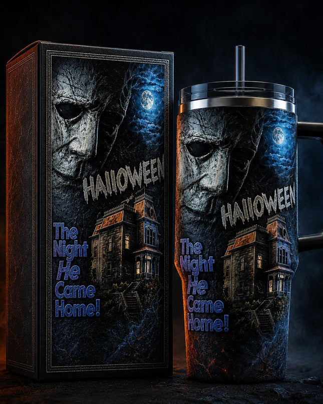 Michael Myers Halloween Horror Premium 40oz Stainless Steel Tumbler with Handle & Straw, Halloween Horror Movie Insulated Travel Cup, Halloween Scary Tumbler, Horror Fan Gift