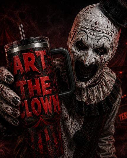 Art the Clown Terrifier Horror Movie Premium 40oz Stainless Steel Tumbler with Handle & Straw, Terrifier Horror Movie Insulated Travel Cup, Halloween Scary Tumbler, Horror Fan Gift