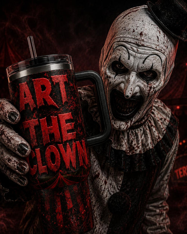 Art the Clown Terrifier Horror Movie Premium 40oz Stainless Steel Tumbler with Handle & Straw, Terrifier Horror Movie Insulated Travel Cup, Halloween Scary Tumbler, Horror Fan Gift