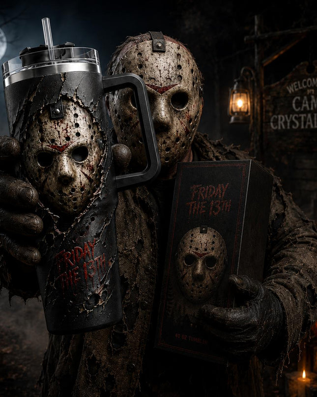 Jason Voorhees Mask Friday The 13th 3D Premium 40oz Stainless Steel Tumbler with Handle & Straw, Friday The 13th Horror Movie Insulated Travel Cup, Halloween Scary Tumbler, Horror Fan Gift