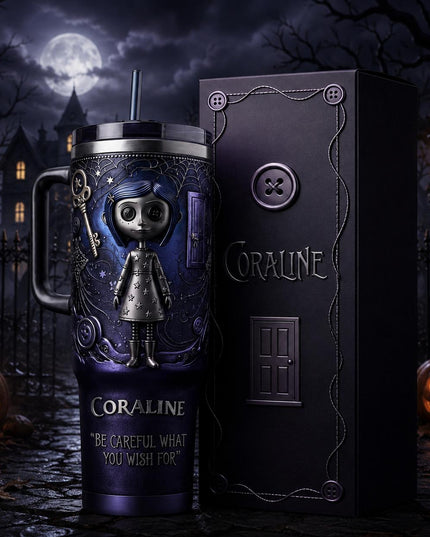 Coraline 2009–2026 Anniversary 40oz Tumbler with Handle & Straw, 2009–2026 Anniversary Insulated Travel Cup, Spooky Halloween Tumbler, Personalized Name Gift for Coraline Fans
