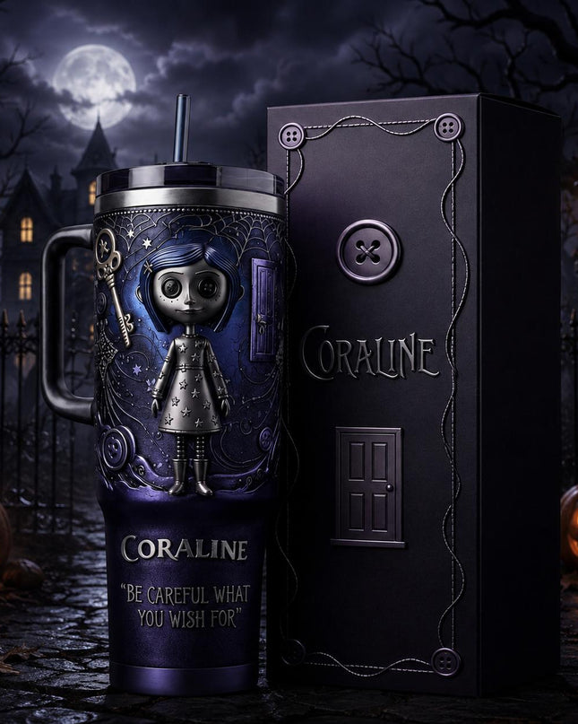 Coraline 2009–2026 Anniversary 40oz Tumbler with Handle & Straw, 2009–2026 Anniversary Insulated Travel Cup, Spooky Halloween Tumbler, Personalized Name Gift for Coraline Fans