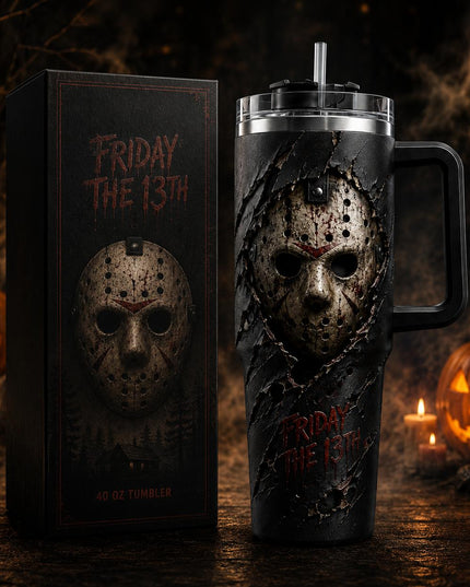 Jason Voorhees Mask Friday The 13th 3D Premium 40oz Stainless Steel Tumbler with Handle & Straw, Friday The 13th Horror Movie Insulated Travel Cup, Halloween Scary Tumbler, Horror Fan Gift