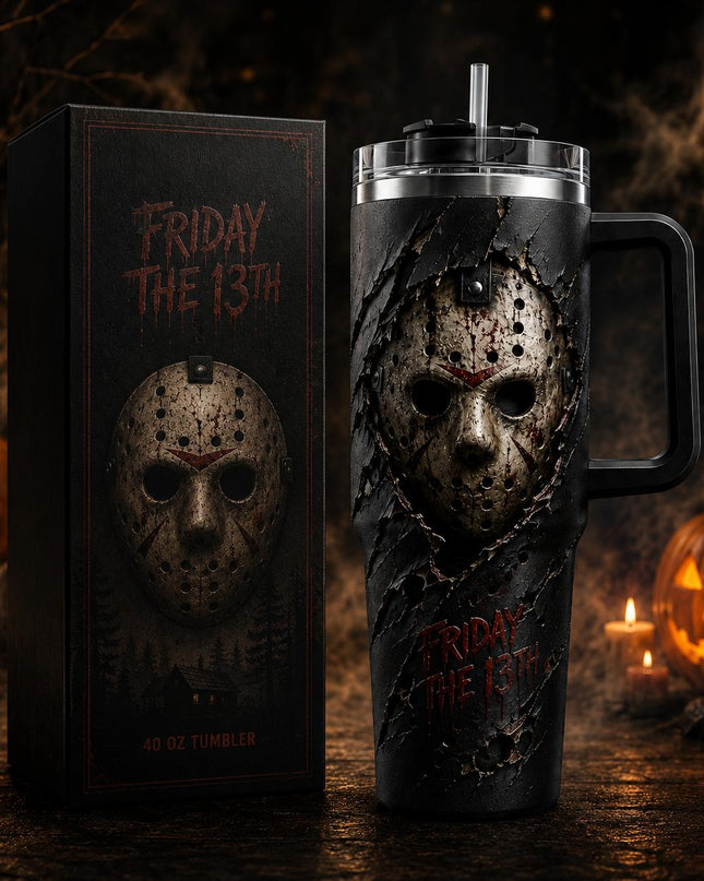 Jason Voorhees Mask Friday The 13th 3D Premium 40oz Stainless Steel Tumbler with Handle & Straw, Friday The 13th Horror Movie Insulated Travel Cup, Halloween Scary Tumbler, Horror Fan Gift