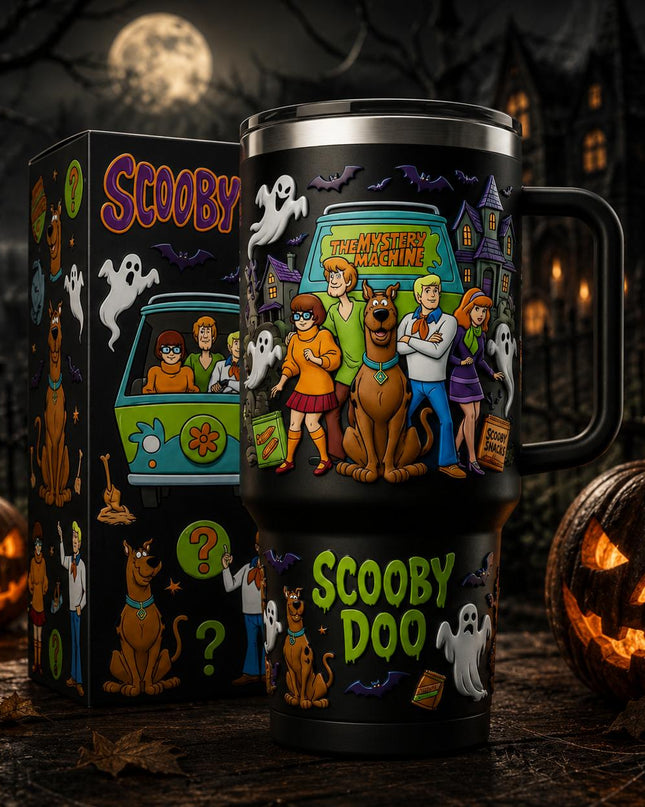Scoopy-Doo 57th Anniversary Halloween 40oz Tumbler with Handle, Mystery Machine Horror Cartoon Travel Cup, Stainless Steel Insulated Tumbler, Halloween Gift