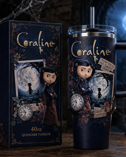Coraline Ver 3 Premium 40oz Tumbler with Handle & Straw, Coraline 2009–2026 Anniversary Insulated Travel Cup, Spooky Halloween Tumbler, Personalized Name Gift for Coraline Fans