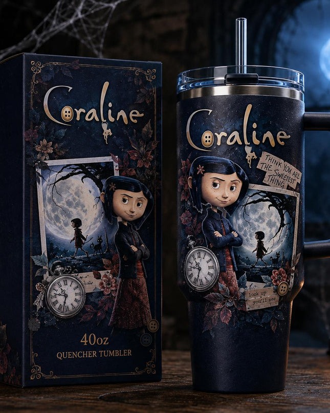 Coraline Ver 3 Premium 40oz Tumbler with Handle & Straw, Coraline 2009–2026 Anniversary Insulated Travel Cup, Spooky Halloween Tumbler, Personalized Name Gift for Coraline Fans