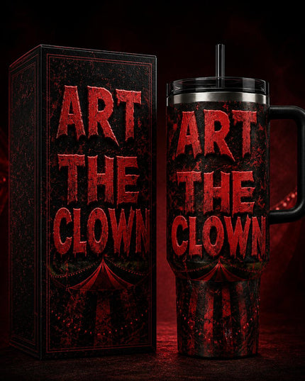 Art the Clown Terrifier Horror Movie Premium 40oz Stainless Steel Tumbler with Handle & Straw, Terrifier Horror Movie Insulated Travel Cup, Halloween Scary Tumbler, Horror Fan Gift