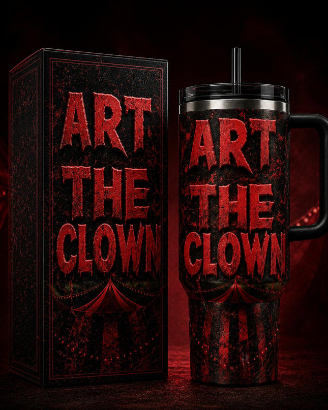 Art the Clown Terrifier Horror Movie Premium 40oz Stainless Steel Tumbler with Handle & Straw, Terrifier Horror Movie Insulated Travel Cup, Halloween Scary Tumbler, Horror Fan Gift