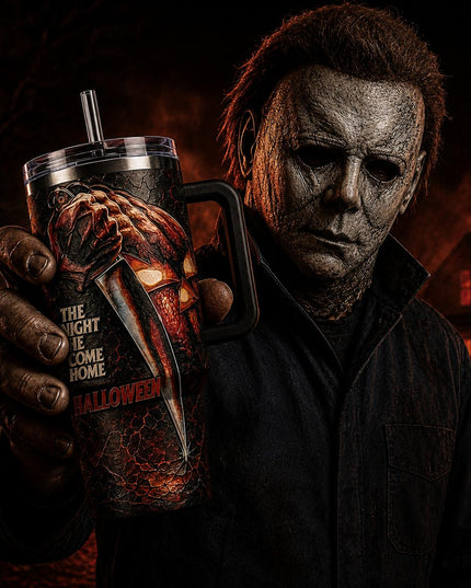Michael Myers Halloween Horror #2 Premium 40oz Stainless Steel Tumbler with Handle & Straw, Halloween Horror Movie Insulated Travel Cup, Halloween Scary Tumbler, Horror Fan Gift