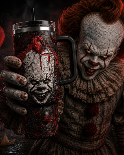 Pennywise - IT Horror Movie #2 Premium 40oz Stainless Steel Tumbler with Handle & Straw, IT Horror Movie Insulated Travel Cup, Halloween Scary Tumbler, Horror Fan Gift