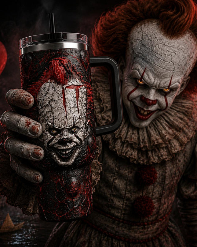 Pennywise - IT Horror Movie #2 Premium 40oz Stainless Steel Tumbler with Handle & Straw, IT Horror Movie Insulated Travel Cup, Halloween Scary Tumbler, Horror Fan Gift