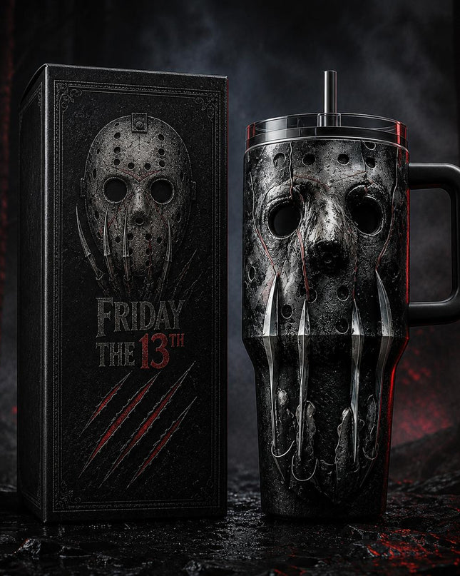 Jason Voorhees x Freddy Krueger Horror Premium 40oz Stainless Steel Tumbler with Handle & Straw, Friday The 13th Horror Movie Insulated Travel Cup, Halloween Scary Tumbler, Horror Fan Gift