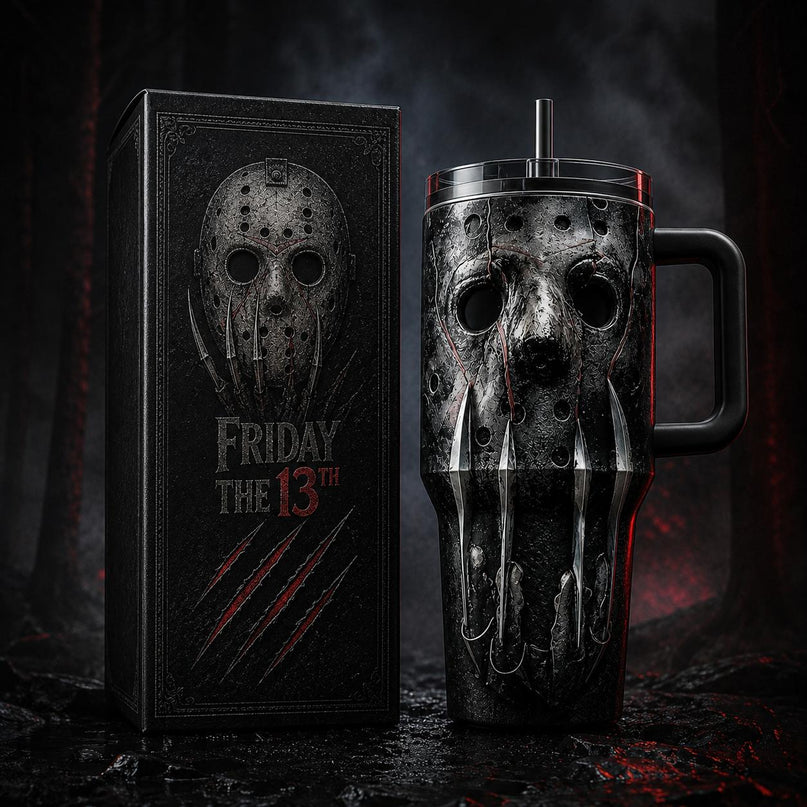 Jason Voorhees x Freddy Krueger Horror Premium 40oz Stainless Steel Tumbler with Handle & Straw, Friday The 13th Horror Movie Insulated Travel Cup, Halloween Scary Tumbler, Horror Fan Gift