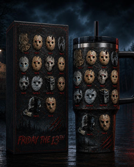 Jason Voorhees All Mask Horror Premium 40oz Stainless Steel Tumbler with Handle & Straw, Friday The 13th Horror Movie Insulated Travel Cup, Halloween Scary Tumbler, Horror Fan Gift