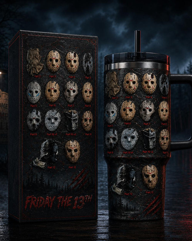 Jason Voorhees All Mask Horror Premium 40oz Stainless Steel Tumbler with Handle & Straw, Friday The 13th Horror Movie Insulated Travel Cup, Halloween Scary Tumbler, Horror Fan Gift