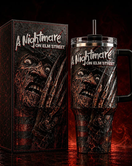 Freddy Krueger Horror Premium 40oz Stainless Steel Tumbler with Handle & Straw, A Nightmare On Elm Street Horror Movie Insulated Travel Cup, Halloween Scary Tumbler, Horror Fan Gift