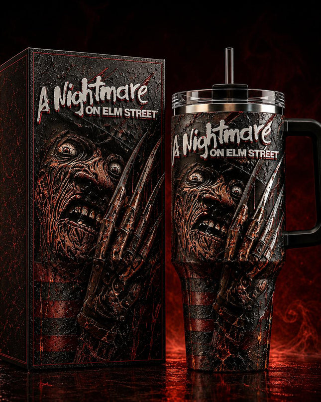 Freddy Krueger Horror Premium 40oz Stainless Steel Tumbler with Handle & Straw, A Nightmare On Elm Street Horror Movie Insulated Travel Cup, Halloween Scary Tumbler, Horror Fan Gift