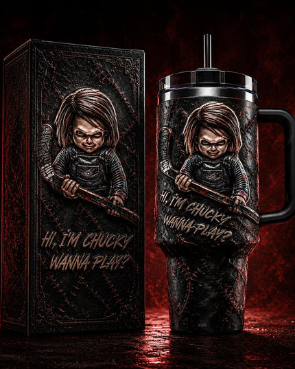Chucky Child's Play #3 Horror Premium 40oz Stainless Steel Tumbler with Handle & Straw, Child's Play Horror Movie Insulated Travel Cup, Halloween Scary Tumbler, Horror Fan Gift
