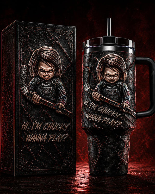 Chucky Child's Play #3 Horror Premium 40oz Stainless Steel Tumbler with Handle & Straw, Child's Play Horror Movie Insulated Travel Cup, Halloween Scary Tumbler, Horror Fan Gift