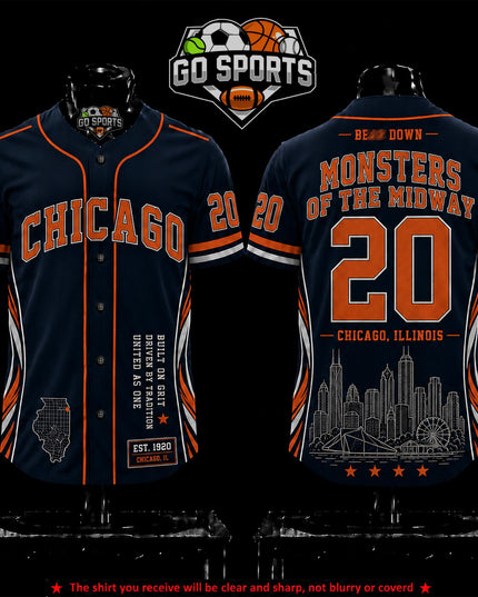 'Monsters Of Midway' Chicago Football Premium Baseball Jersey (Made in US), High quality Fabric Breathable Caleb Williams Chicago Football Fan Apparel, Game Day Outfit For Men Women, Gift For Husband, Boyfriend